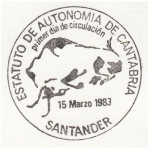 Steppe bison from cave piantig in Altamira cave on commemorative postmark of Spain 1983