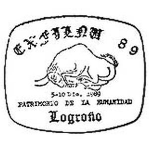  Steppe bison from cave piantig in Altamira cave on commemorative postmark of Spain 1989