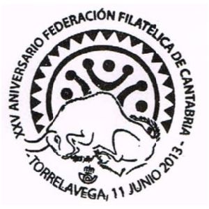 Steppe bison from cave piantig in Altamira cave on commemorative postmark of Spain 2013