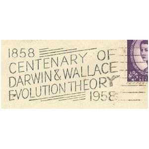 Centenary of Darwin and Wallace evolution theory on postmark of UK 1958