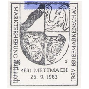 Prehistoric elephant Gomphotherium on commemorative postmark of Austria 1983