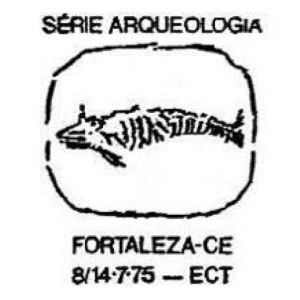 Fossil fish (Belonostomus comptoni) from Ceara. on commemorative postmark of Brazil 1975