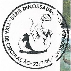 Dinosaur hatching from an egg on commemorative postmark of Brazil 1995