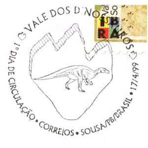 Dinosaur and its footprint on postmark of Brazil 1999