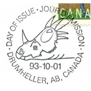 Skull of Styracosaurus on postmark of Canada 1993