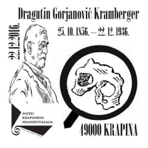 Dragutin Kramberger and skull of Neandertal on postmark of Croatia 2016