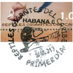 Skull of Vinialesaurus dinosaur on postmark of Cuba 2013