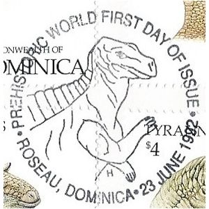 Dinosaur on postmark of Dominica 1992