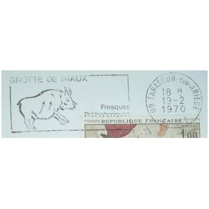 Prehistoric Ox from frescue from Grotte de Niaux on commemorative postmark of France 1970