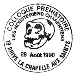 Skull of prehistoric man on commemorative postmark of France 1990