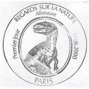 Allosaurus dinosaur on commemorative postmark of France 2000