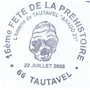 Skull of Tautavel man on commemorative postmark of France 2008