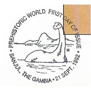 Dinosaur on commemorative postmark of Gambia