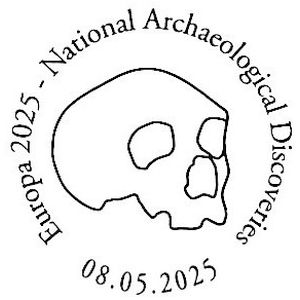 Neanderthal skull, Gibraltar-1, on postmark of Gibraltar 2025