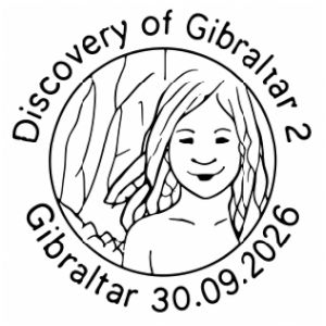 Neanderthal woman on commemorative postmark of Gibraltar 2026 Neanderthal woman on commemorative postmark of Gibraltar 2026