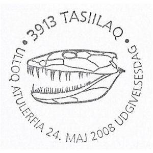 Skull of Ichthyostega stensioei on commemorative postmark of Greenland 2008