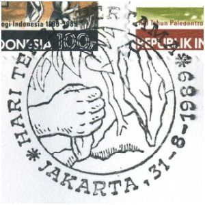 Flint tool on commemorative postmark of Indonesia 1989