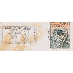 prehistoric human on postmark of Italy 1988