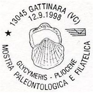 Glycymeris shell fossil from Pliocene on postmark of Italy 1998