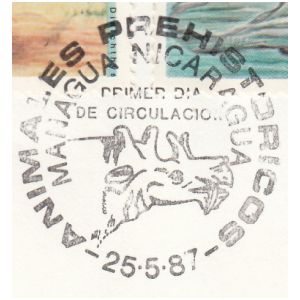 Prehistoric animal Uinfaterium on commemorative postmark of Nicaragua 1987