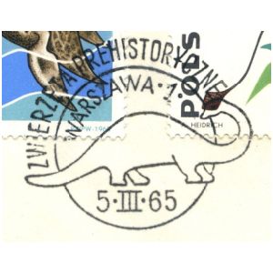 Dinosaur on commemorative postmark of Poland 1965