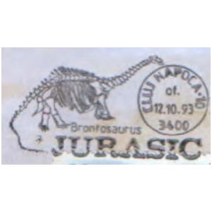 Brontosaurus dinosaur on commemorative postmarks of Romania 1993