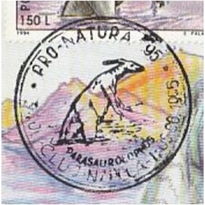 Parasaurolophus dinosaur on commemorative postmarks of Romania 1995