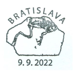 Fossil of prehistoric toad Bufo priscus on commemorative postmark of Slovakia 2022