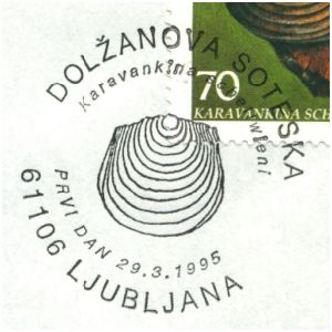 Brachiopod Karavankina schellwieni on fossil commemorative postmark of Slovenia 1995
