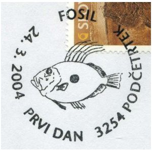 Fossil of Oligocene fish on commemorative postmark of Slovenia 2004