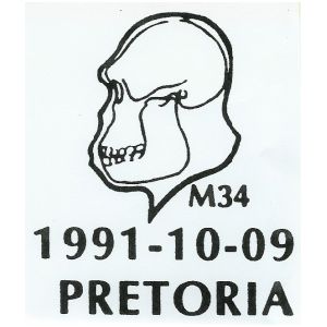 Broom's reconstruction of Australopithecus africanus on commemorative postmark of South Africa 1991