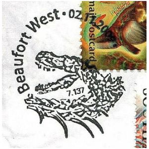 Dinosaur skull on commemorative postmark of Soutth Africa 2009