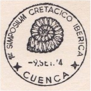 Ammonite fossil on commemorative postmark of Spain 1974