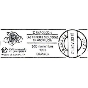 Ammonite fossil on commemorative postmark of Spain 1983