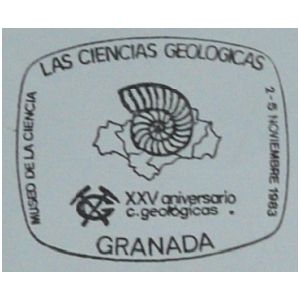 Ammonite over map of Andalusia region of Spain on commemorative postmark of Spain 1993