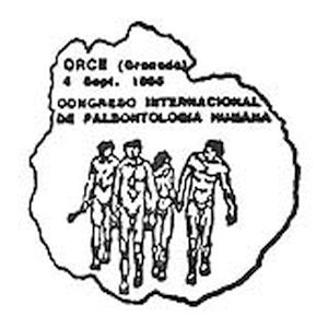Group of prehistoric human on commemorative postmark of Spain 1995
