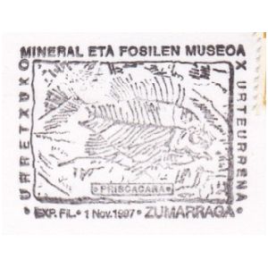 Fish fossil on commemorative postmark of Spain 1997