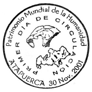 Fossil of Homo erectus from Atapuerca on commemorative postmark of Spain 2001