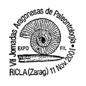 Ammonite and Belemnite fossil on commemorative postmark of Spain 2001