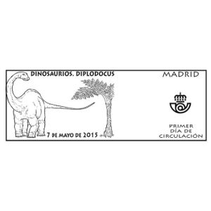 Diplodocus dinosaur on commemorative postmark of Spain 2015