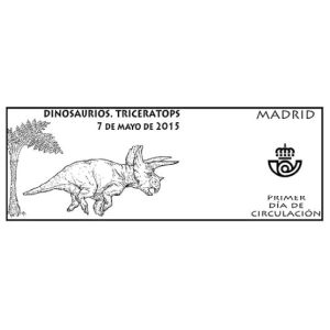 Triceratops  dinosaur on commemorative postmark of Spain 2015