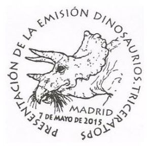 Triceratops dinosaur on commemorative postmark of Spain 2015
