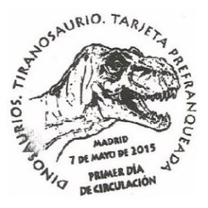 Tyrannosaurus rex dinosaur on commemorative postmark of Spain 2015