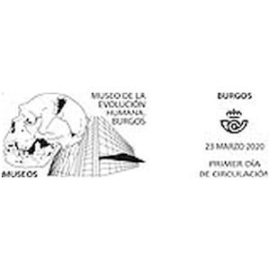 Skull of prehistoric human on commemorative postmark of Spain 2020