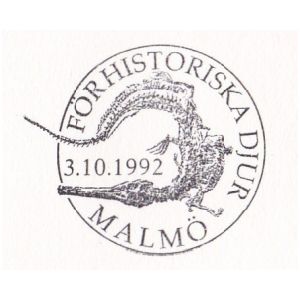 Prehistoric crocodile on commemorative postmark of Sweden 1992