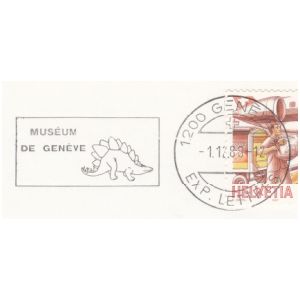 Stegosaurus dinosaur on commemorative postmark of Switzerland 1988