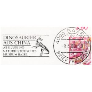 Fossil of dinosaur on commemorative postmark of Switzerland 1990