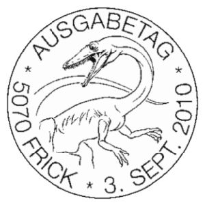 Theropoda dinosaur on commemorative postmark of Switzerland 2010