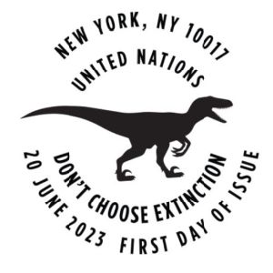Therapod dinosaur on the Don’t Choose Extinction postmark of UN, USA 2023