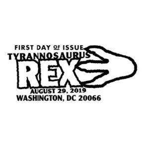 Footprint of Tyrannosaurus Rex on commemorative postmark of USA 2019